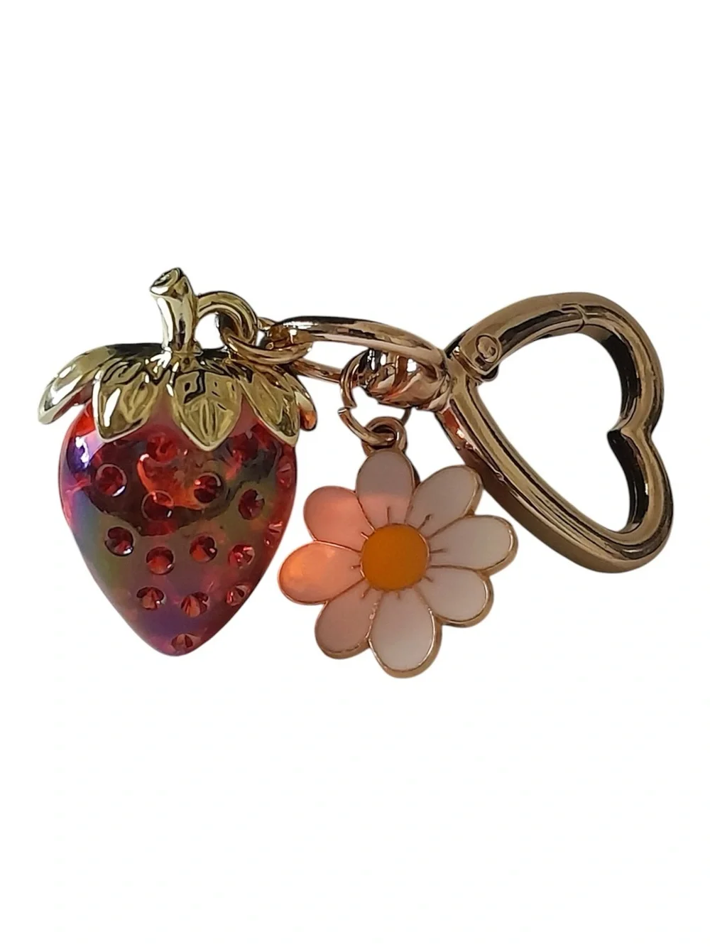 Red Strawberry & White Enamel Daisy Bag Charm Gold Heart Clasp Keychain